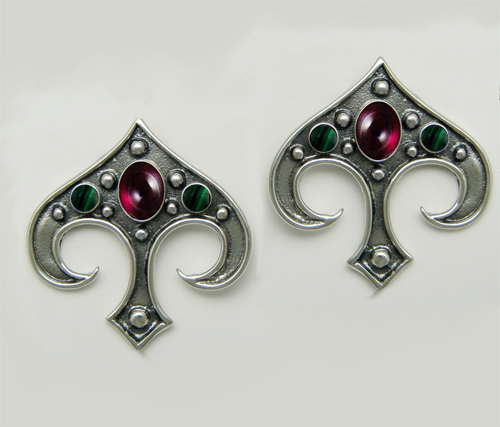 Sterling Silver Gothic Inspired Drop Dangle Earrings With Garnet And Malachite
